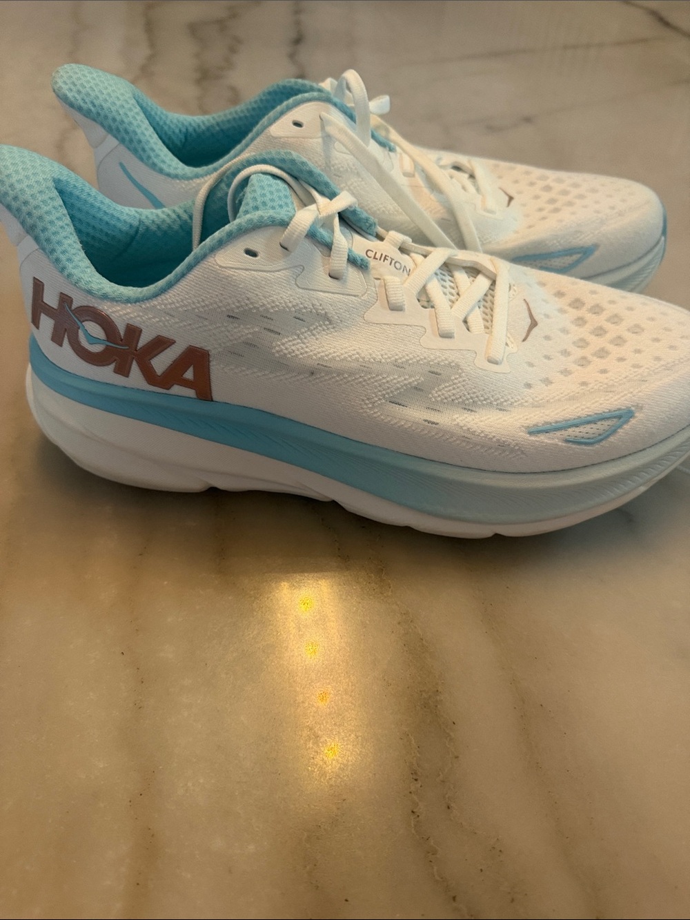 HOKA Clifton Women's Running Shoes - White with Light Blue Like New